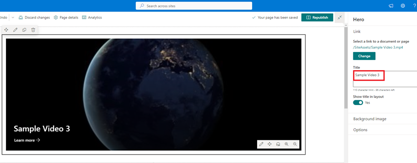 Video Embed using Hero webpart in SharePoint Online Modern Page